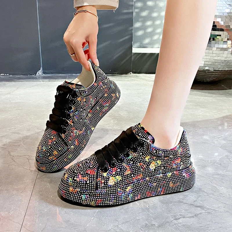 Women's Luxury Sports Shoes Hand drawn Butterfly Flat Shoes Lace up Water Diamond Fashion Designer Casual Shoes Zapatos Mujer