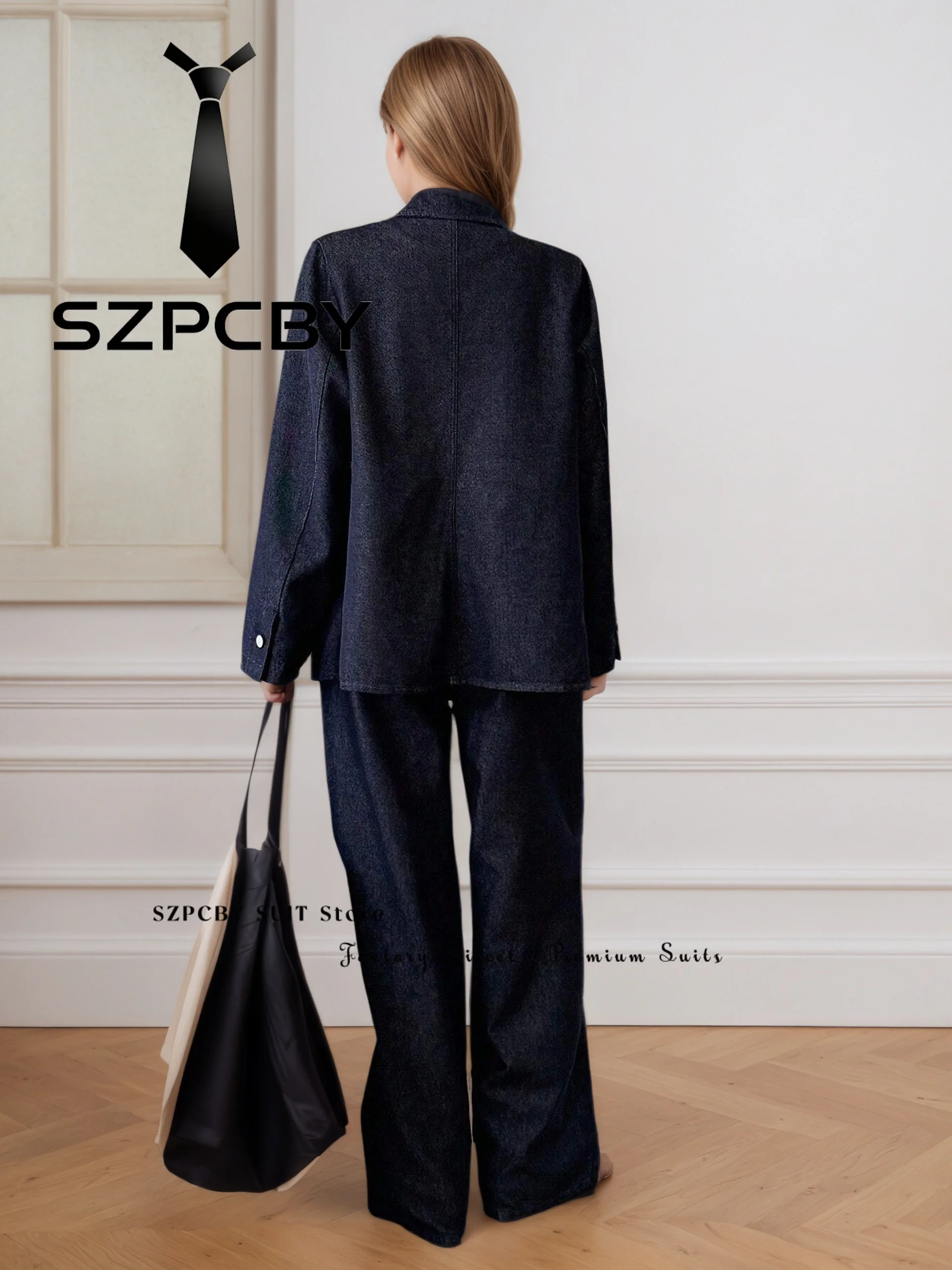 Smart Casual Women's Denim Suit Notch Lapel Loose Fit 2 Piece Jacket Pants Sets Elegant Business Office Blazer Clothing Outfits