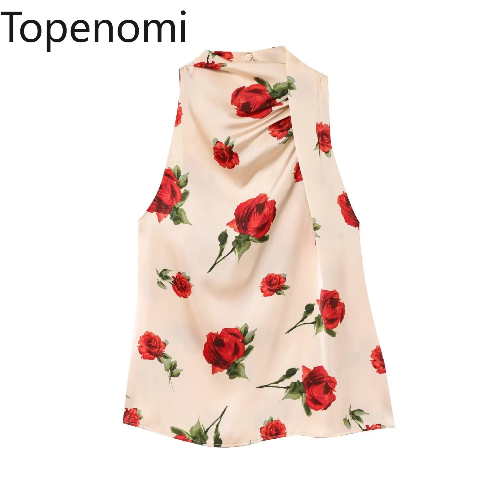 

Topenomi Rose Print Satin Sleeveless Shirt Women 2025 Summer Retro Slim Fit Floral Tops French Vacation Style All Match Blouse