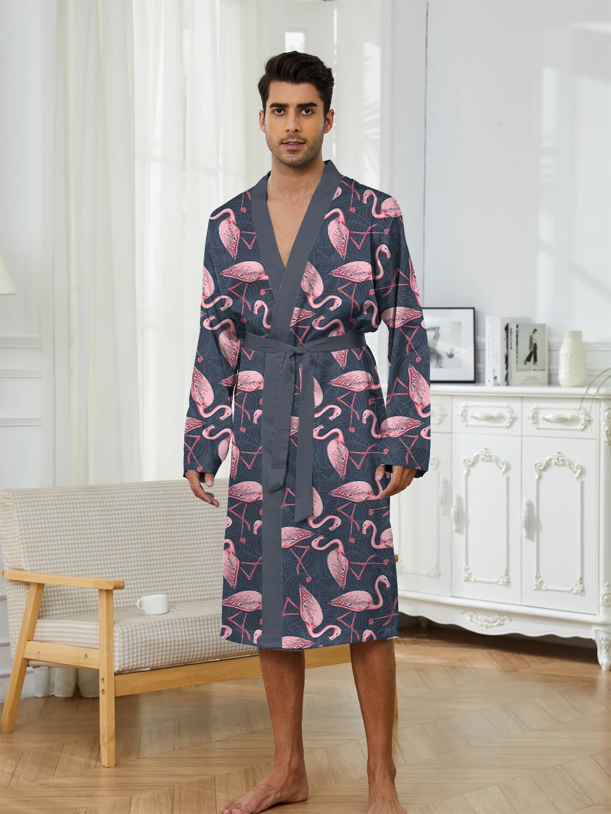 Shark pattern digital printed men's Long Nightgown is a casual and comfortable home robe for spring and autumn. quick-dry