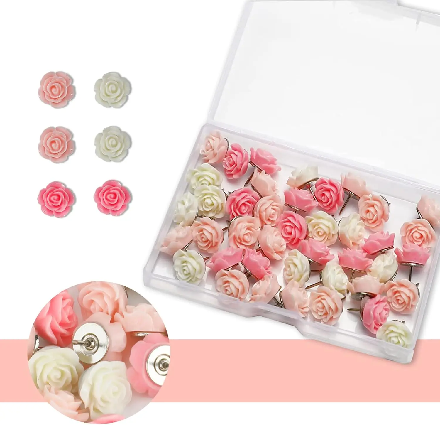 

40 Rose Flower Push Pins for Cork Board, Decorative Thumbtacks for Bulletin Board Photos Wall Maps Office School