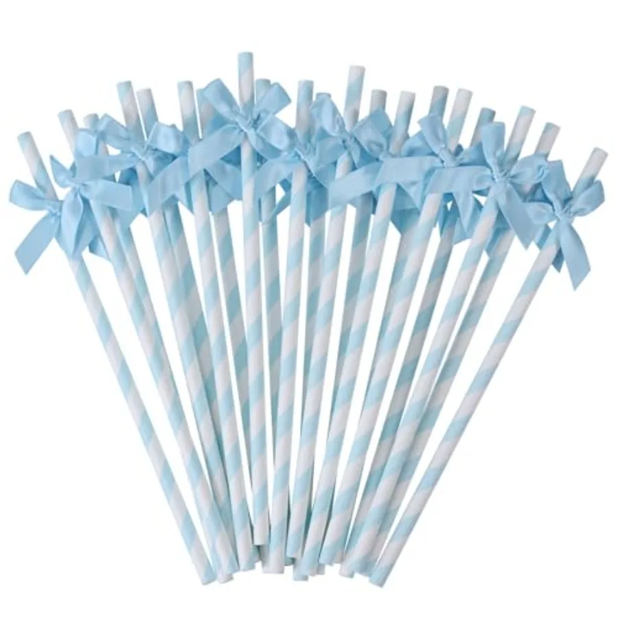 20pcs Blue Bow Straw, 7.7inch Biodegradable Cute Paper Cake Pops Treat Sticks, Wedding, Picnic, Birthday, Party Supplies for Ju