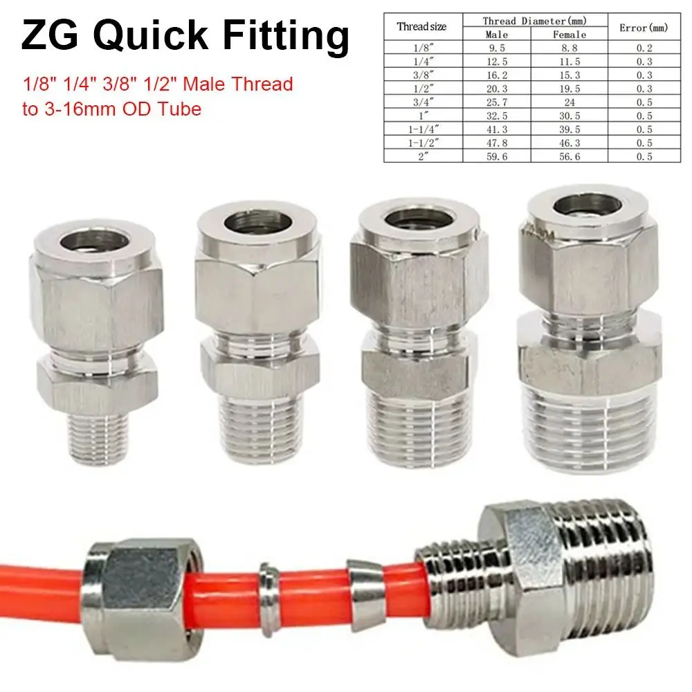1 قطعة 1/8 "1/4" 3/8 "1/2" ذكر الموضوع إلى 3-16 مللي متر OD تركيب سريع الفولاذ المقاوم للصدأ مزدوج الطويق وصلة أنبوب 304 SS