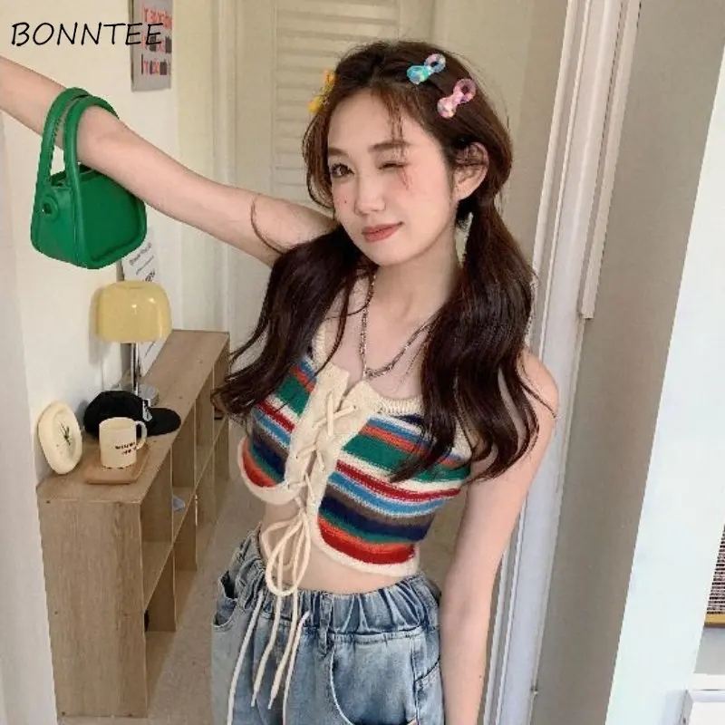 Rainbow Camisole Women Summer Literary Hotsweet Slim Crop Tops Bandage Chic Retro Bohamian Design Trendy Streetwear Y2k Harajuku