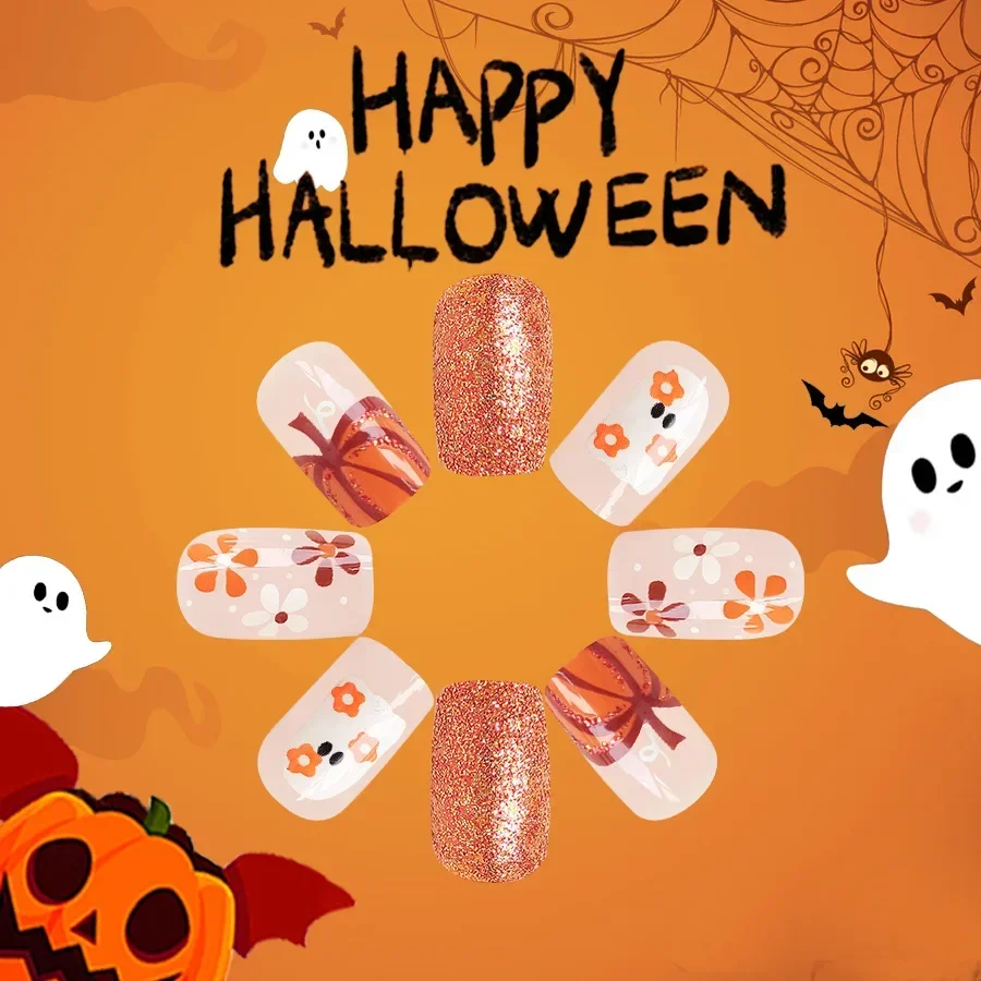 24pcs Halloween Themed Nail Tips-Orange Glossy Square Short Press-On Nails with Cute Pumpkin and Boo Pattern for Women and Girls