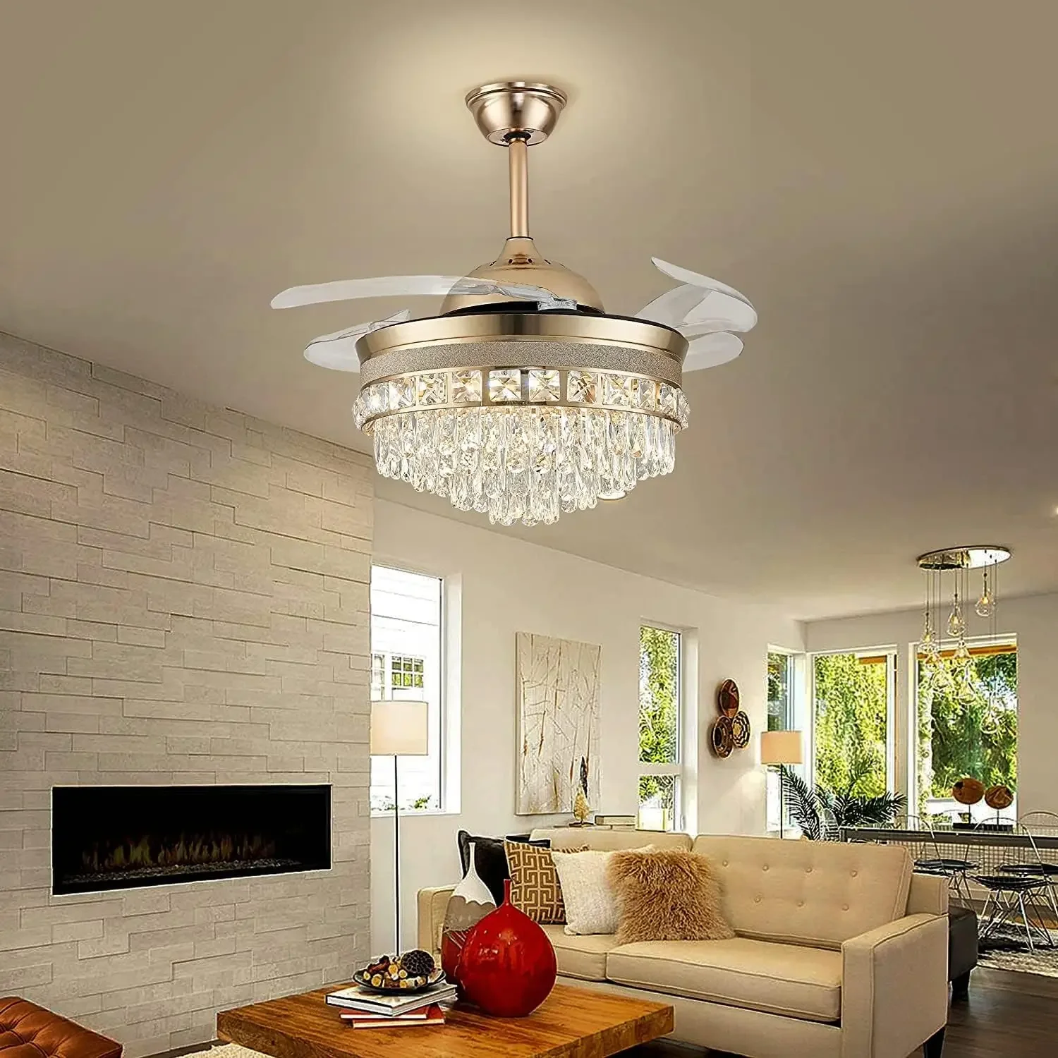 NewCeiling Fans With Lights Crystal Fandelier Ceiling Fan Modern Retractable Chandelier Fan For Dining Room Bedroom Living Room