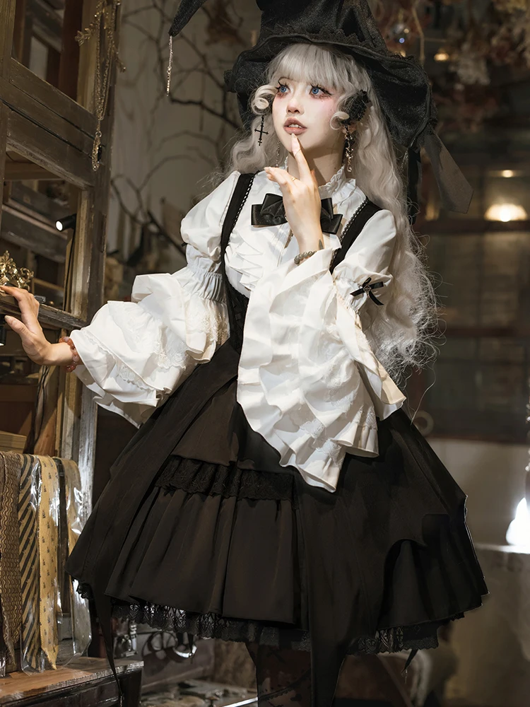 Elegancka Lolita Halloween Cos Magiczna Dziewczyna Goth Codzienna Wiosna Jesień Czarna Sukienka na Ramiączkach Biała Rozkloszowana Koszula z Nieregularnym Krojem