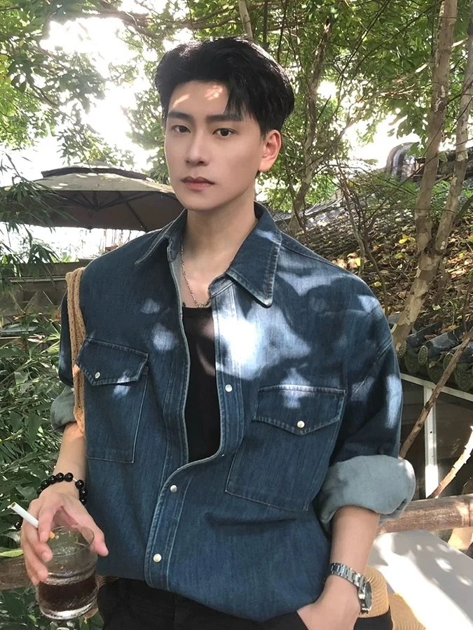 

Deep Blue Men's Denim Shirt American Retro Double Pocket Long Sleeve Outdoor Sun Protection Wear Resistant Workwear Light Jacket