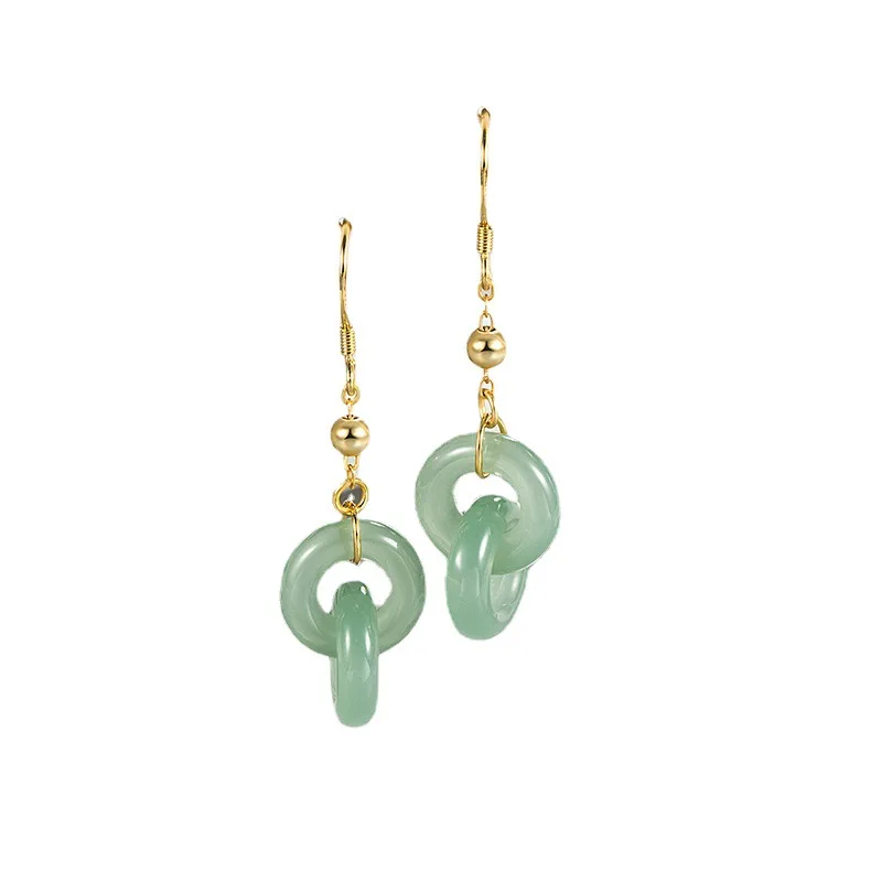 2023 New Hetian Jade Interlocking Dangle Earrings for Women Classical Chinese Style Circle Gold Color Earring Luxury Jewelry
