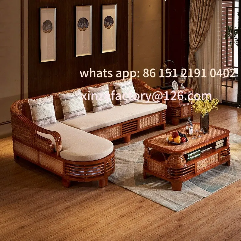 

Customizable rattan wood sofa combination classical Chinese rattan concubine fabric sofa