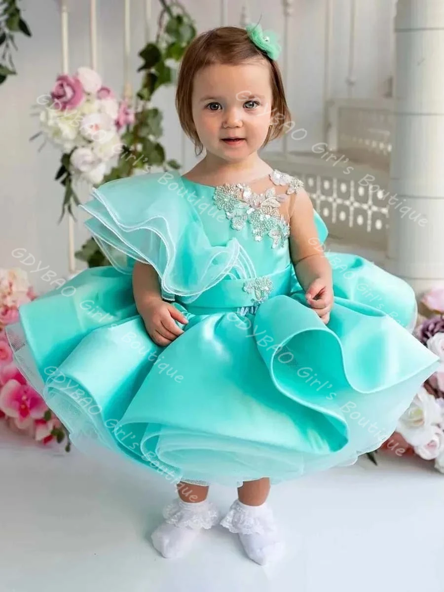 맞춤형 유아용 노란색 공주 드레스 러플 새틴 플라워 걸 드레스 웨딩 무릎 길이 어린이 생일 파티 볼 가운