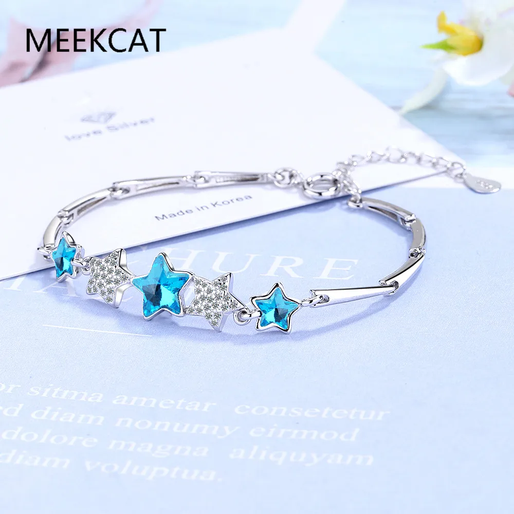 

925 Sterling Silver Delicate Zircon Star Bracelet Blue Topaz Adjustable Chain Link for Women Fine Jewelry Gift BSB138