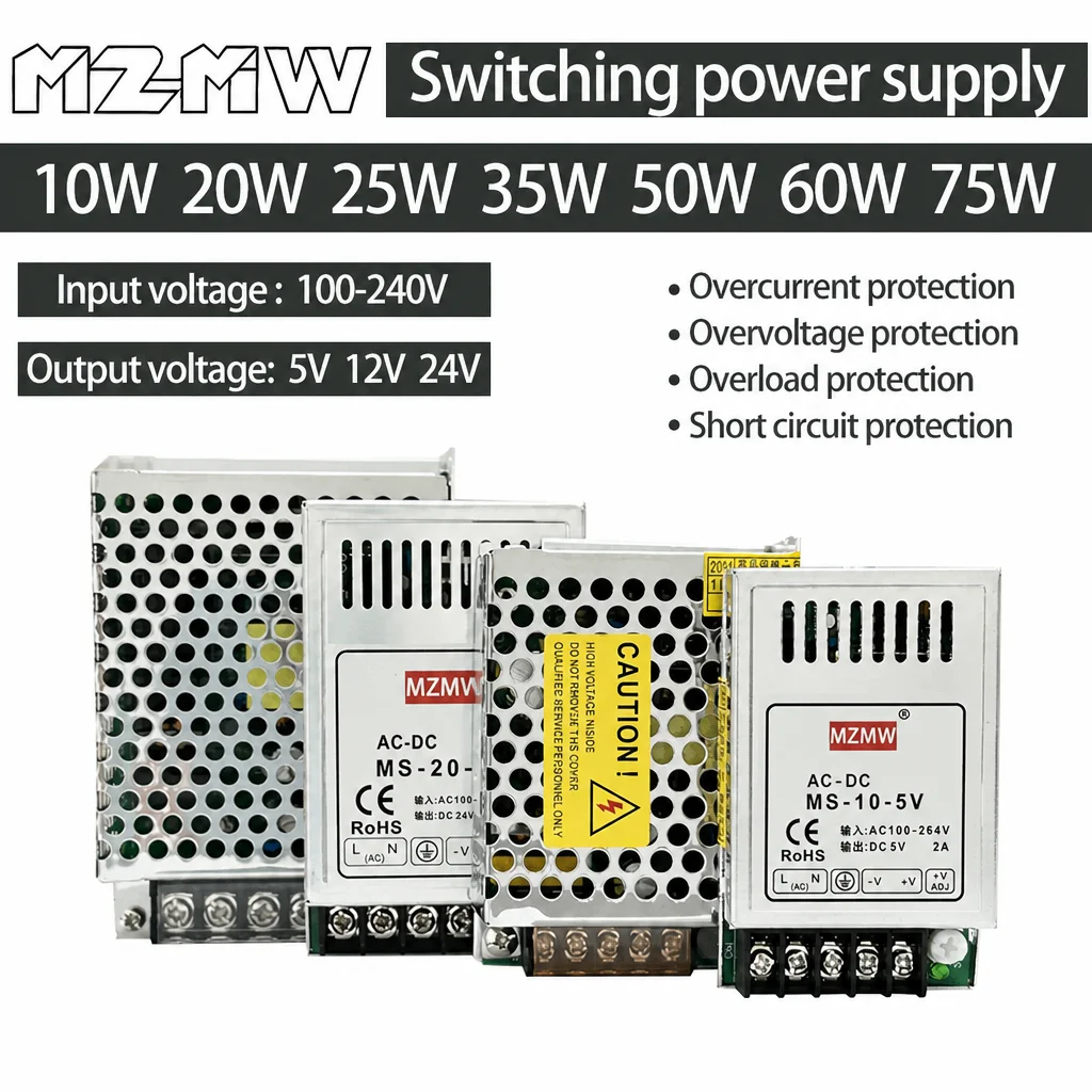Multiple Protection Switching Power Supply 10W 20W 25W 35W 50W 60W 75W AC 100-240V DC 5V 12V 24V LED Security Drive Transformers