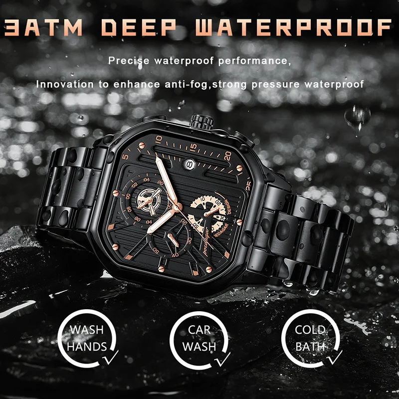 POEDAGAR Multifunction Chronograph Watches Men Sports Style Square Stainless Steel Waterproof Quartz Wristwatches Calendar Clock