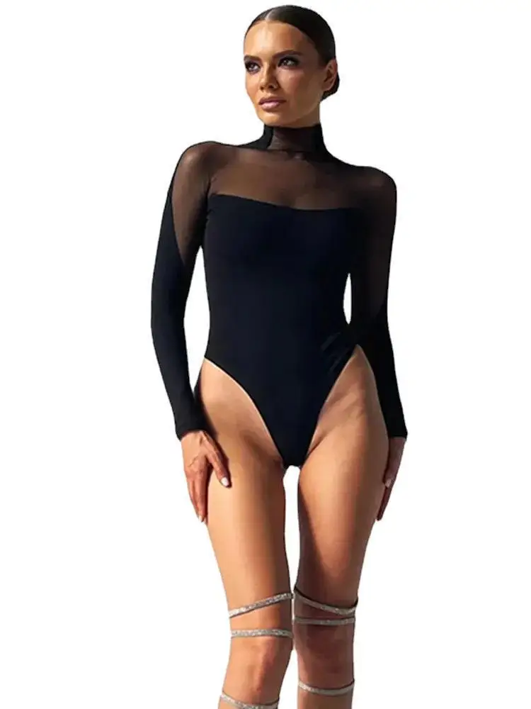 HAOOHU urban women 2023 summer sexy nightclub mesh stitching long-sleeved jumpsuit jumpsuit swimsuit casual bottoming shirt ins