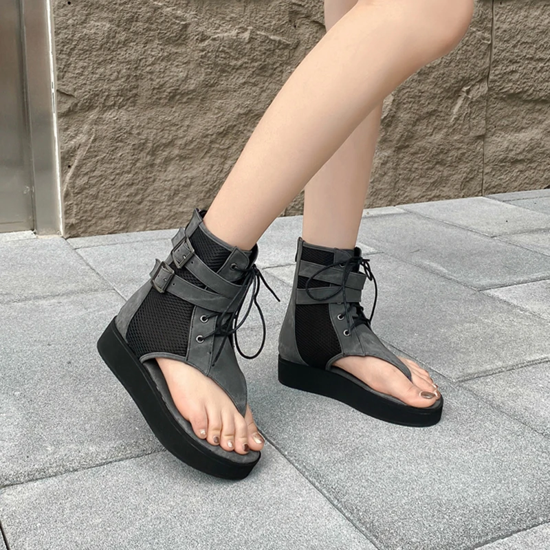 

Blue Platform Flip Flops Tongs Femmes 4cm Wedge Heel High Top Shoes Summer Ankle Boots Women Mesh Zipper Gladiator Sandals