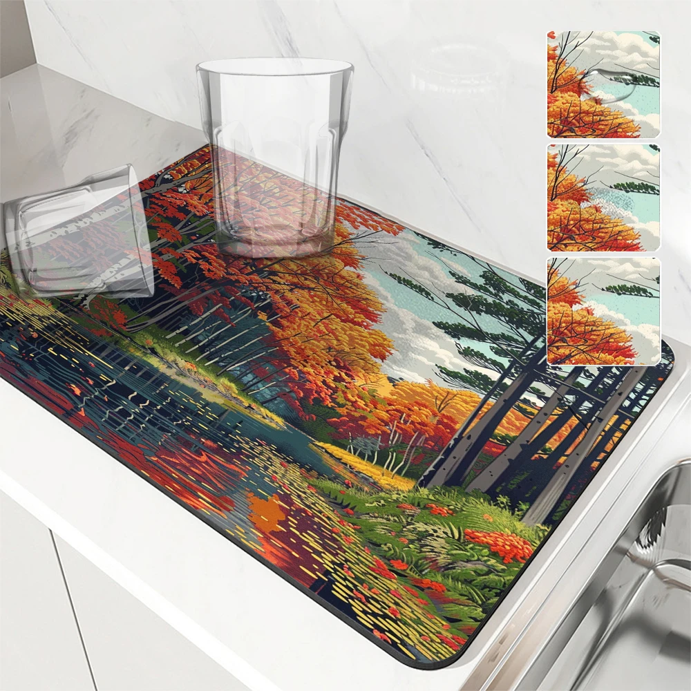 Absorbent Mat Autumn Natural Scenery Forest River Kitchen Antiskid Drying Mat Quick Dry Bathroom Drain Pad Tableware Mat