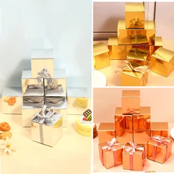 10Pcs gold gift box with lid, 5x5x5 '' gift box with ribbon seal, bridesmaid proposal box for weddings, birthdays, party decor