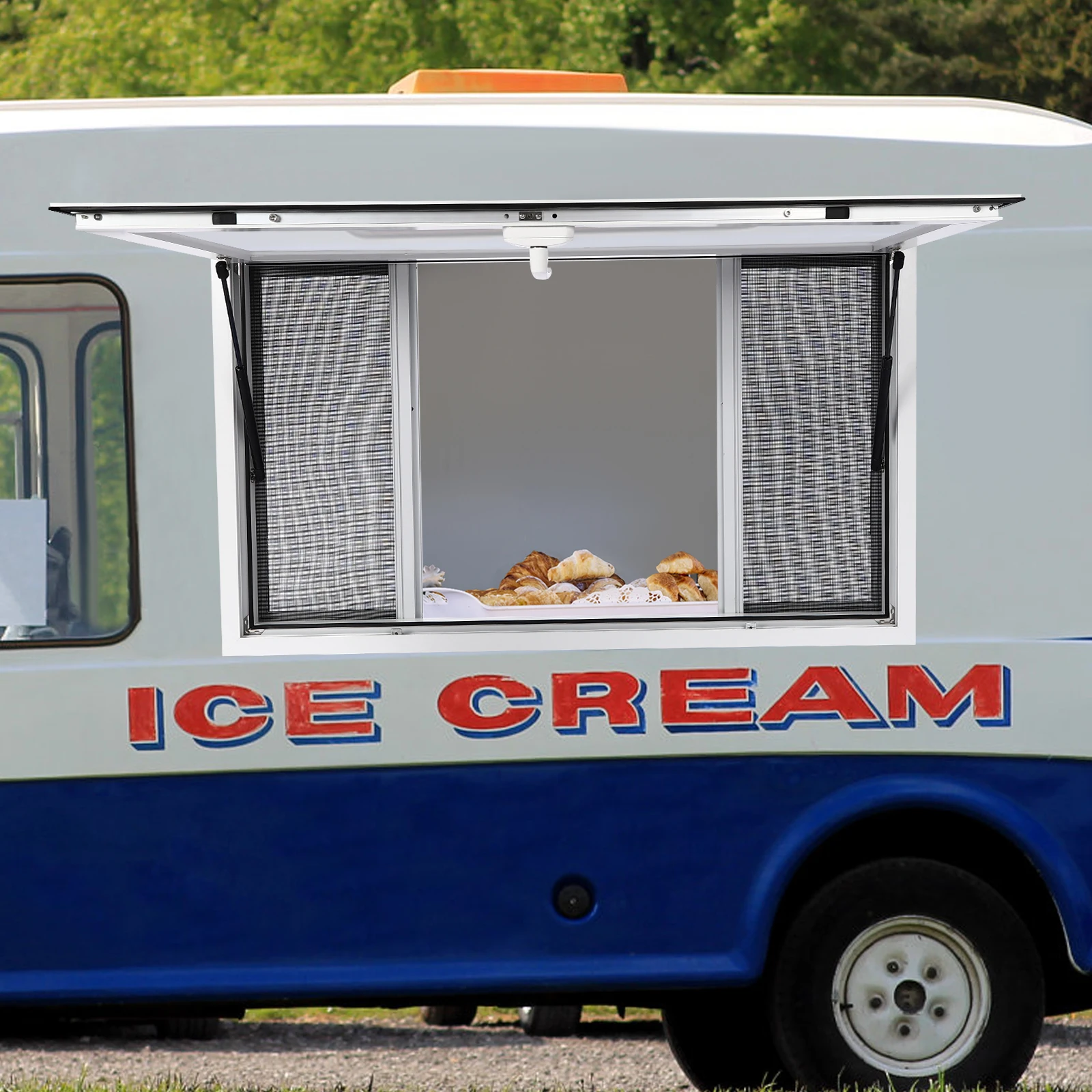 Ventana de concesión comercial Ventana profesional para camiones de alimentos Diseño de pantalla deslizante de 4 con malla de 1,5 mm para cocinas móviles y camiones de comida