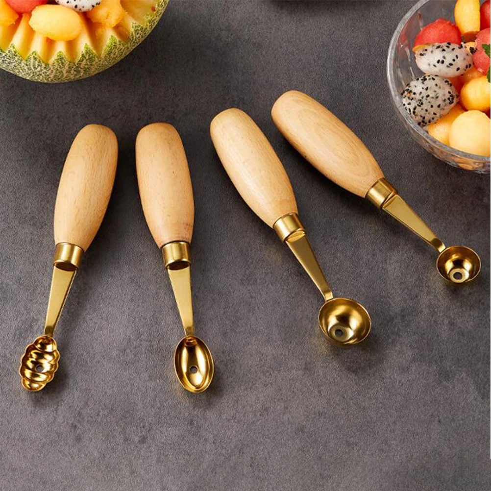 

4pcs Stainless Steel Fruit Digging Spoon Melon Ball Maker Kitchen Dessert Ice Cream Scoop Set Wood Tool Lightweight