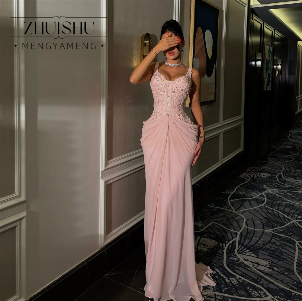 ZHUISHU Elegant Pink Pleat Chiffon Women's Formal Evening Gowns Sweetheart Spaghetti Straps Lace Sleeveless Party Customized