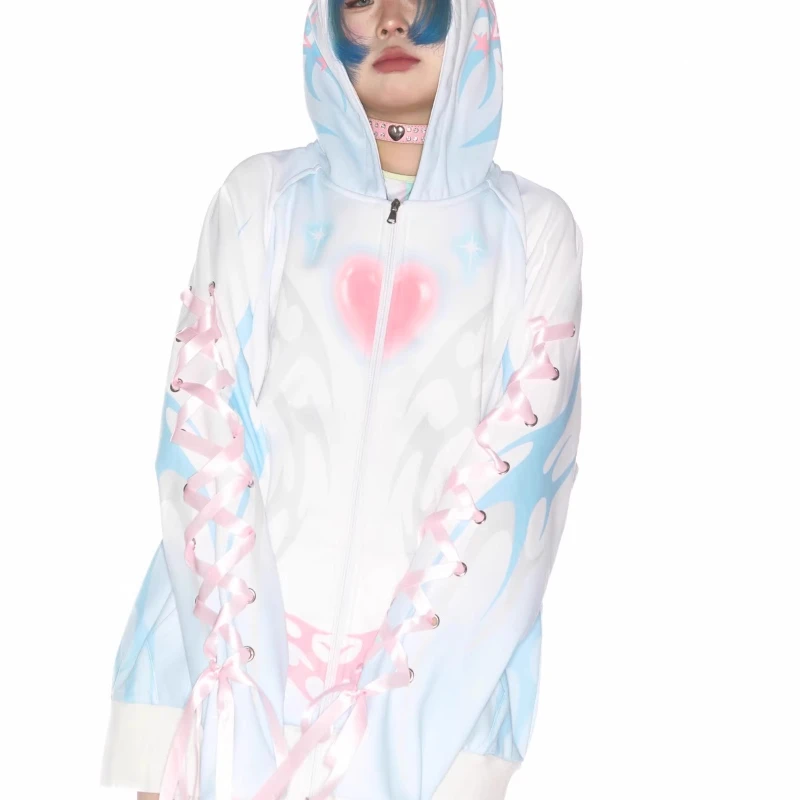 Japanese Original Autumn Winter Women's Clothing Cartoon Bow Lace-up Hoodies Loose Thin Sweet Zipper Sweatshirts Coat Ladies
