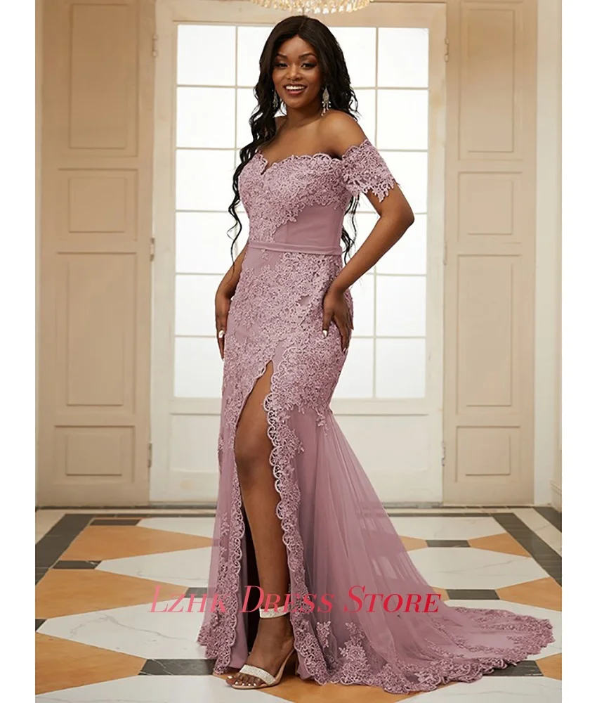 Personalizado temperamento organza sereia fora do ombro apliques vestido de noite sexy mangas curtas querida vestidos de festa