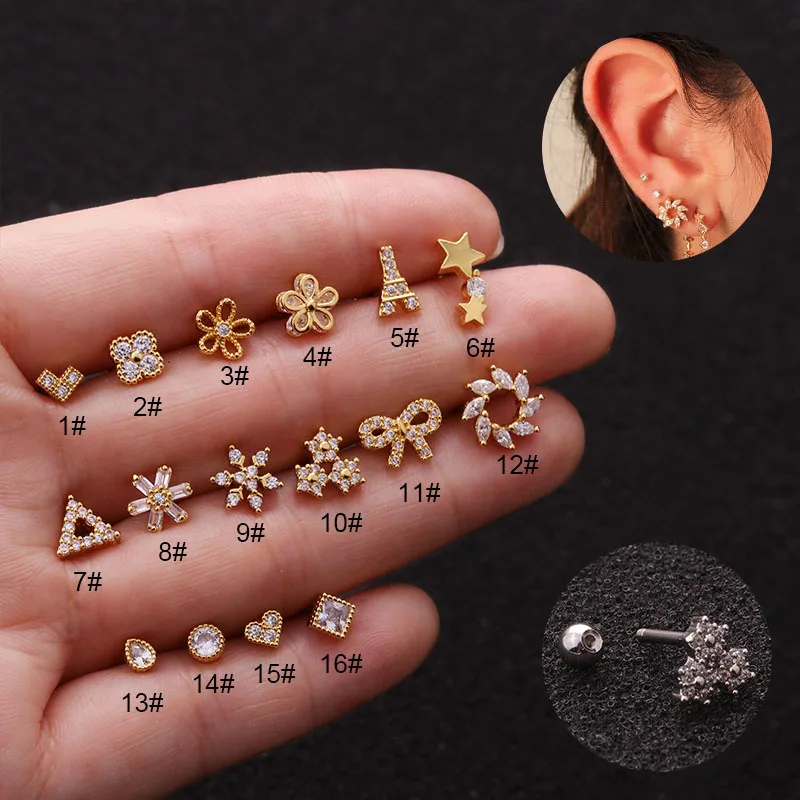 1piece Stainless Steel Tragus Piercing Ear Stud Earring for Women Helix Tragus Trendy Heart Key Snake Flower Crown Cross Jewelry