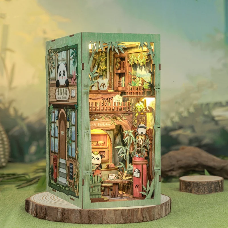 DIY Book Nook Kit  Cute Panda Bookshop Miniature Bookhouse With Light  Bookshelf Insert For Craft Birthday Gift