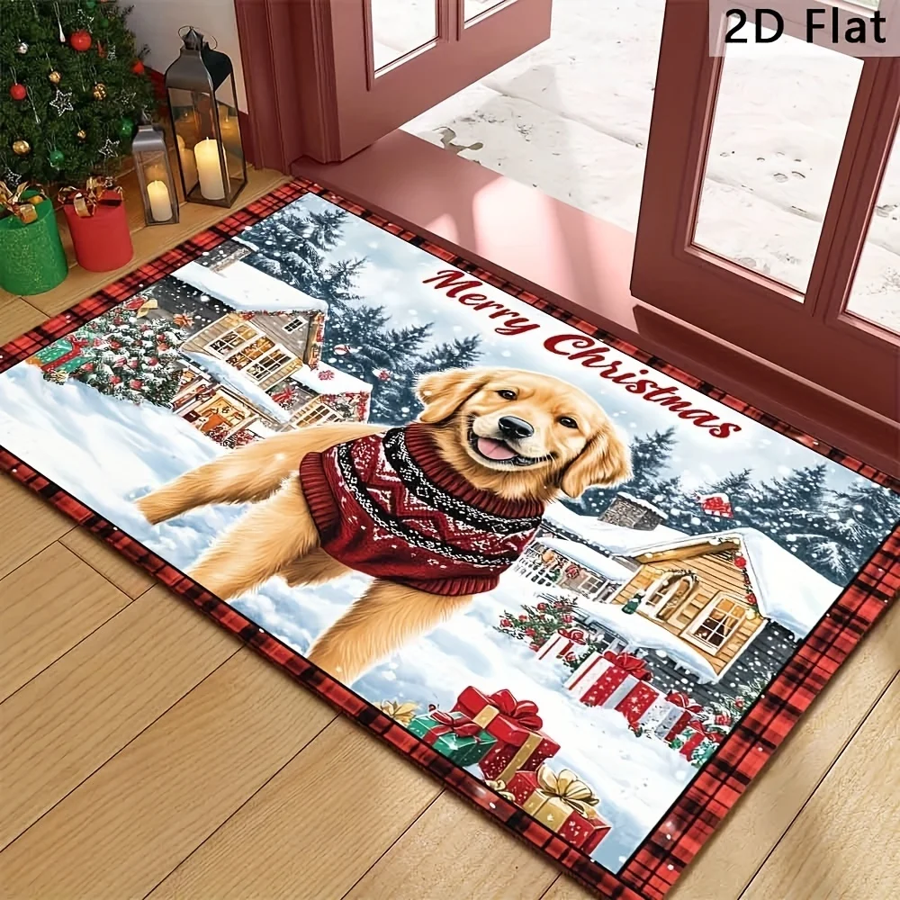Christmas Doormat with Welcome Letter Multi-Design Christmas Tree & Star Print Holiday Floor Mat for Front Entry Xmas Housewarmi