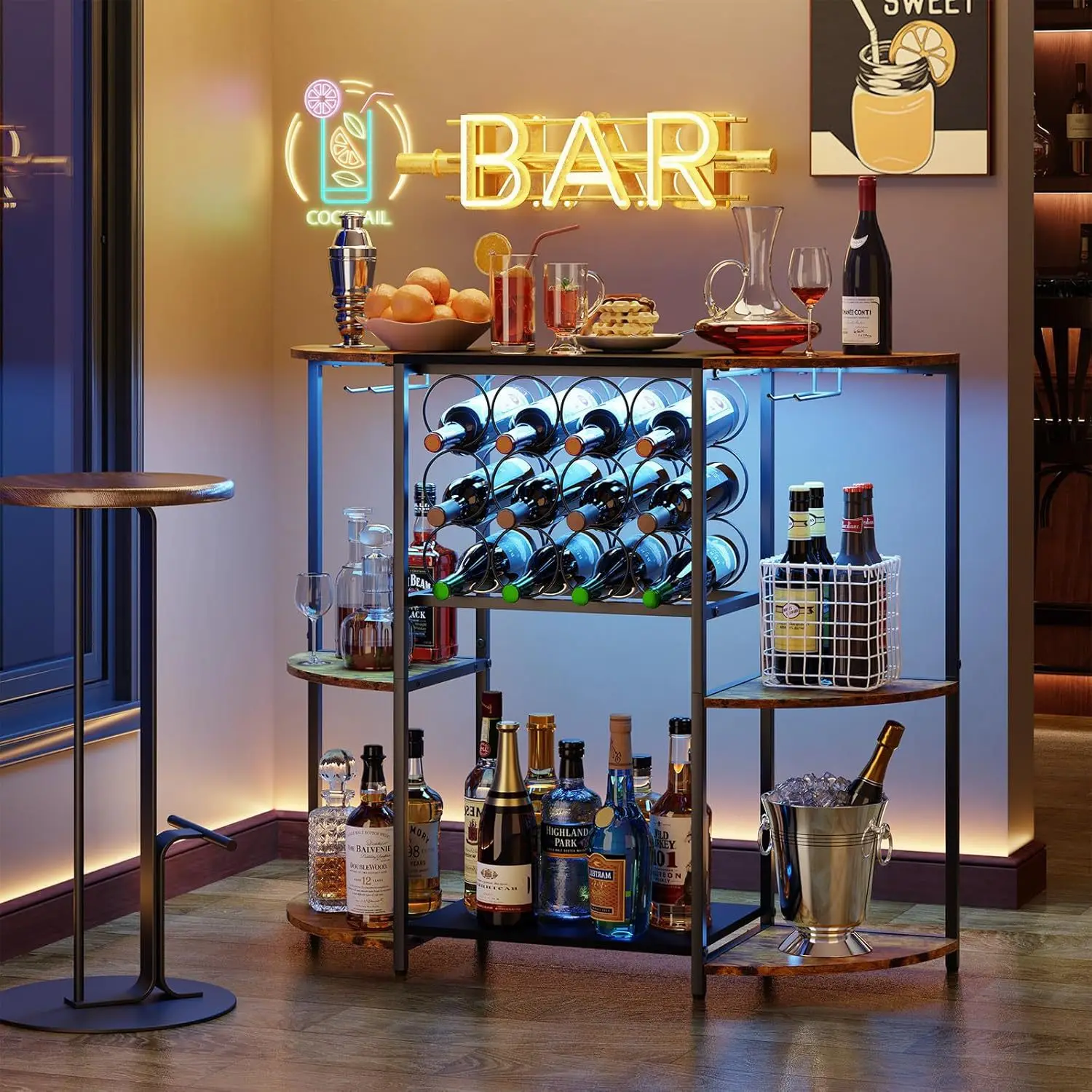 Three-layer wine cabinet with LED lights Wine rack Cup holder and spirit storage space Wine rack Cross-border