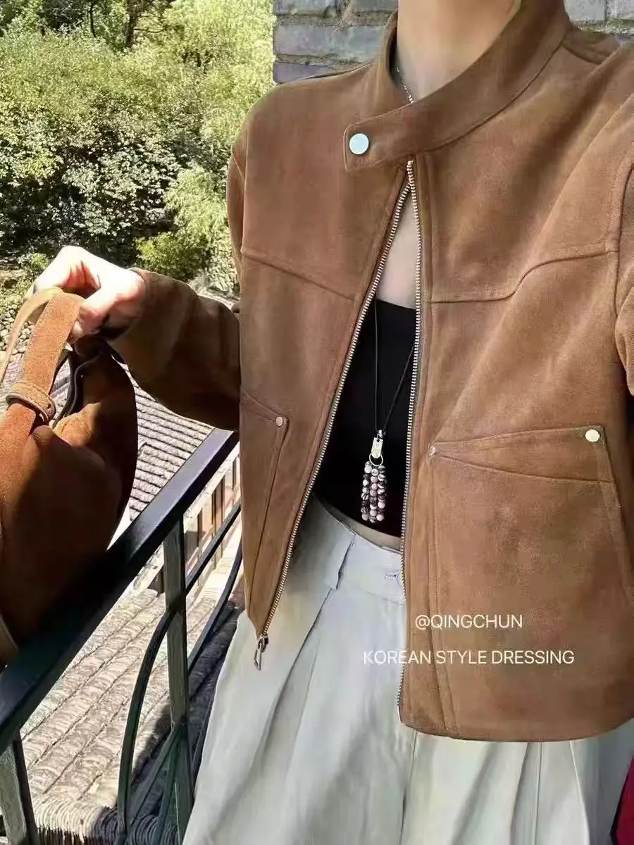 Thickened Short Suede Jacket Women's Stand Collar Autumn Winter New Style Versatile Warm Commute Style Zipper Decoration