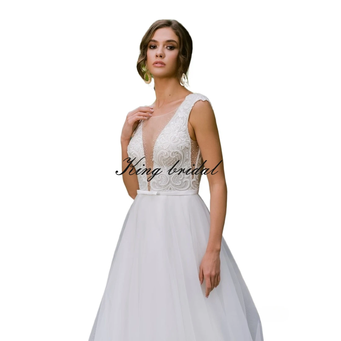 Embroidered Tulle Wedding Gown A Line Backless Wedding Dress Open Back Gown Custom Lace simple a line dress Bridal Gowns Gown