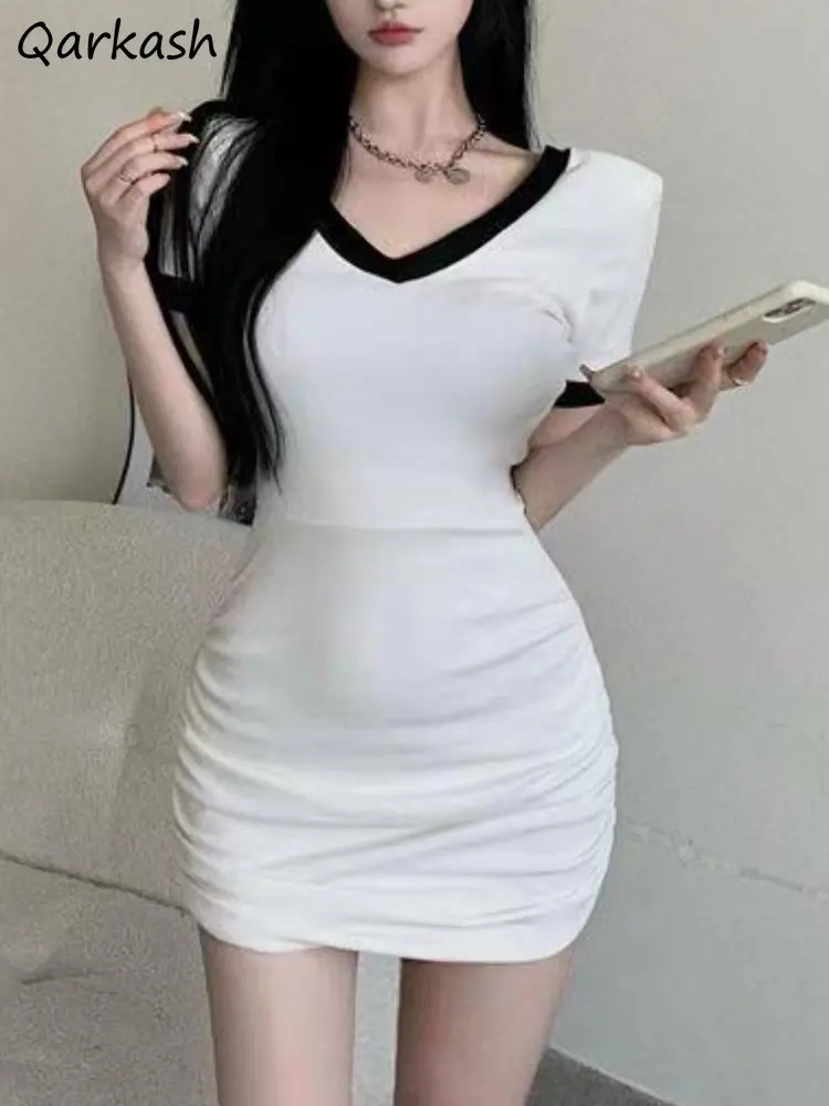 

Mini Sexy Dress Women Bodycon Panelled Streetwear Summer Vintage V-neck Aesthetic Lady Casual Elegant Party Mujer Y2k Basics New