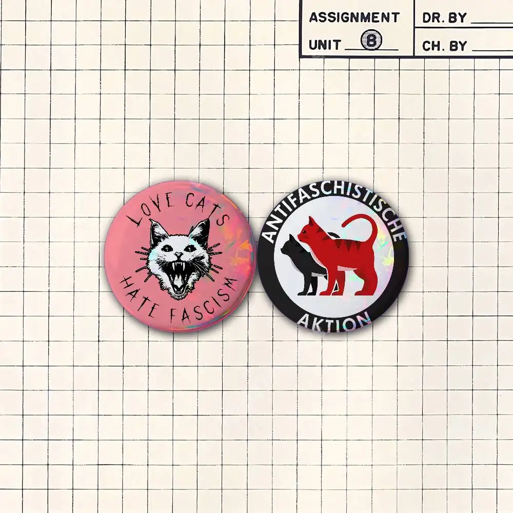 Antifascist Antiwar Kitten Cat Button Badge 2PC Sets for Bags & Clothes & Accessories Metal Pin Creative Gift