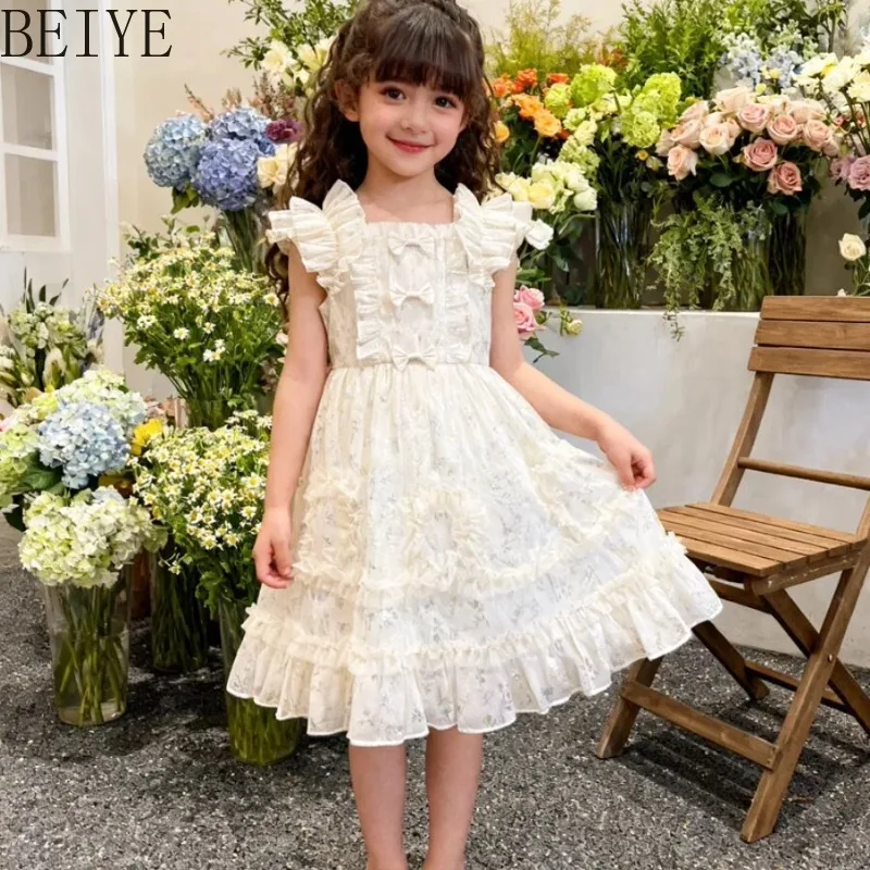 

Girls Summer Sleeveless Daily Dress Sweet Style Vacation Casual Ruffle Dress Children Super Beautiful Bow Cute Dress