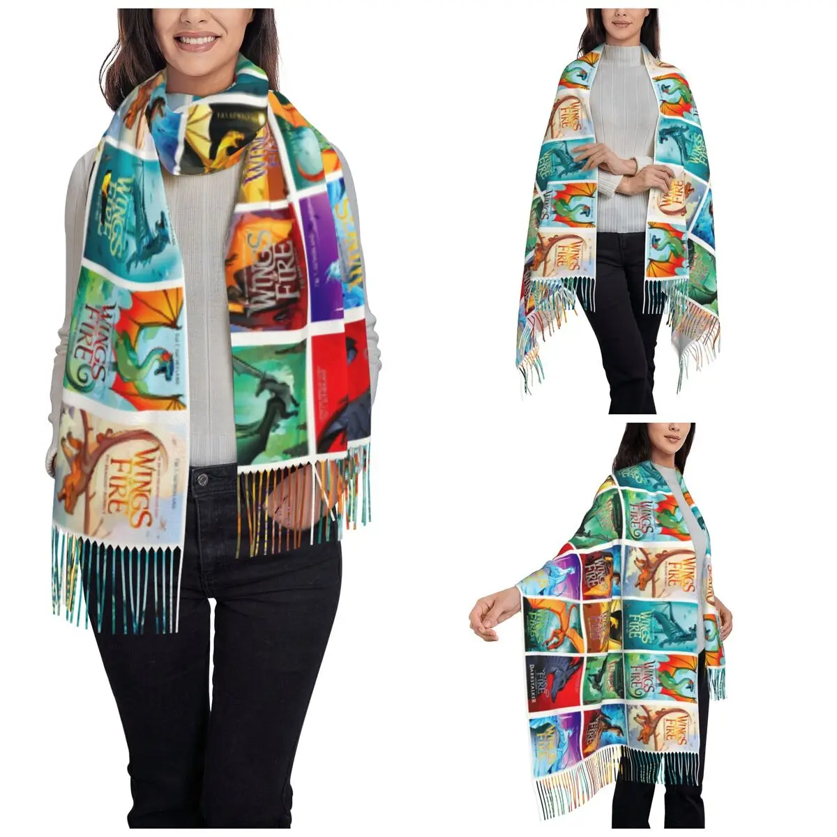 Womens Tassel Scarf Wings Of Fire Dragon Collection Large Winter Warm Shawl and Wrap Cartoon Sky Ice Seawings Pashmina Scarves