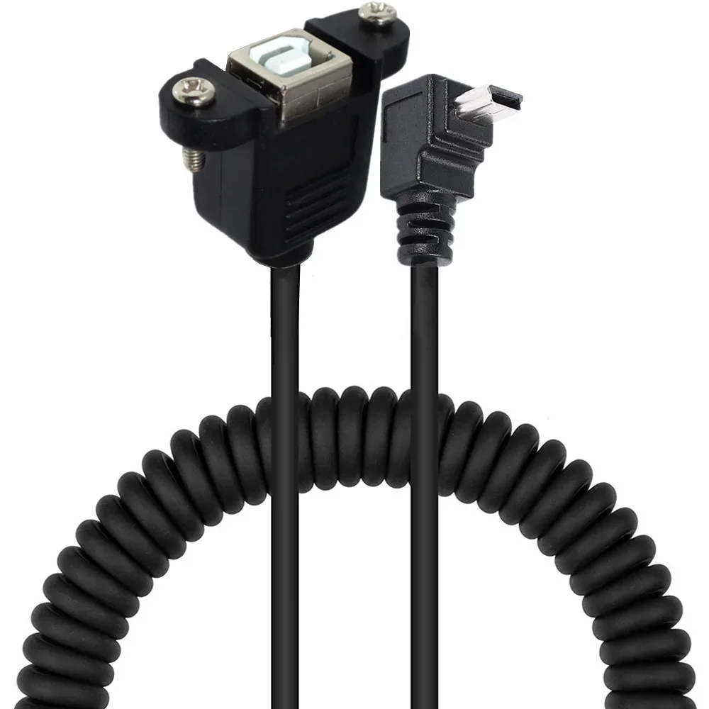 Kabel Teleskopik Pegas Siku USB Mini 5pin Jantan Ke USB Tipe B Betina dengan Dudukan Panel Telinga Kabel Melingkar Regang Fleksibel