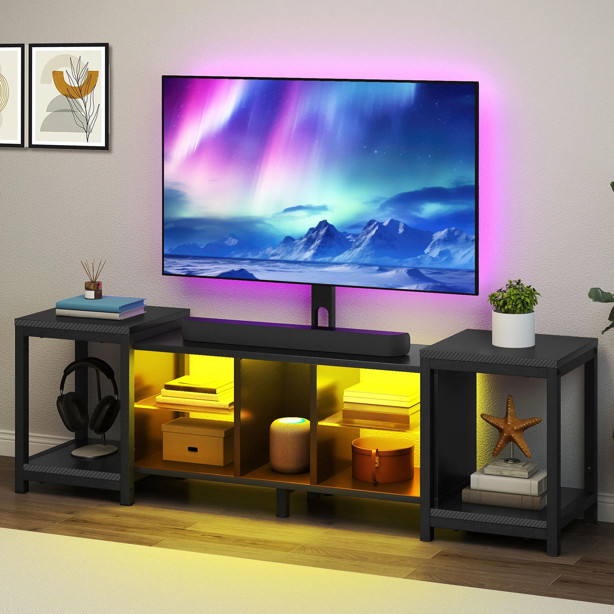 YITAHOME Meuble TV réglable 104-174 cm – Extensible pour téléviseurs 70" avec lumières LED RVB (22 modes), support inclus