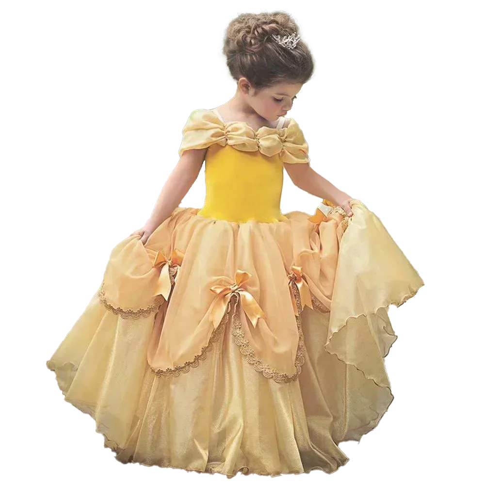 2024 Girls Cosplay Belle Princess Dress Beauty and The Beast Kids Vestidos Party Halloween Magic Wand Crown Children Costume