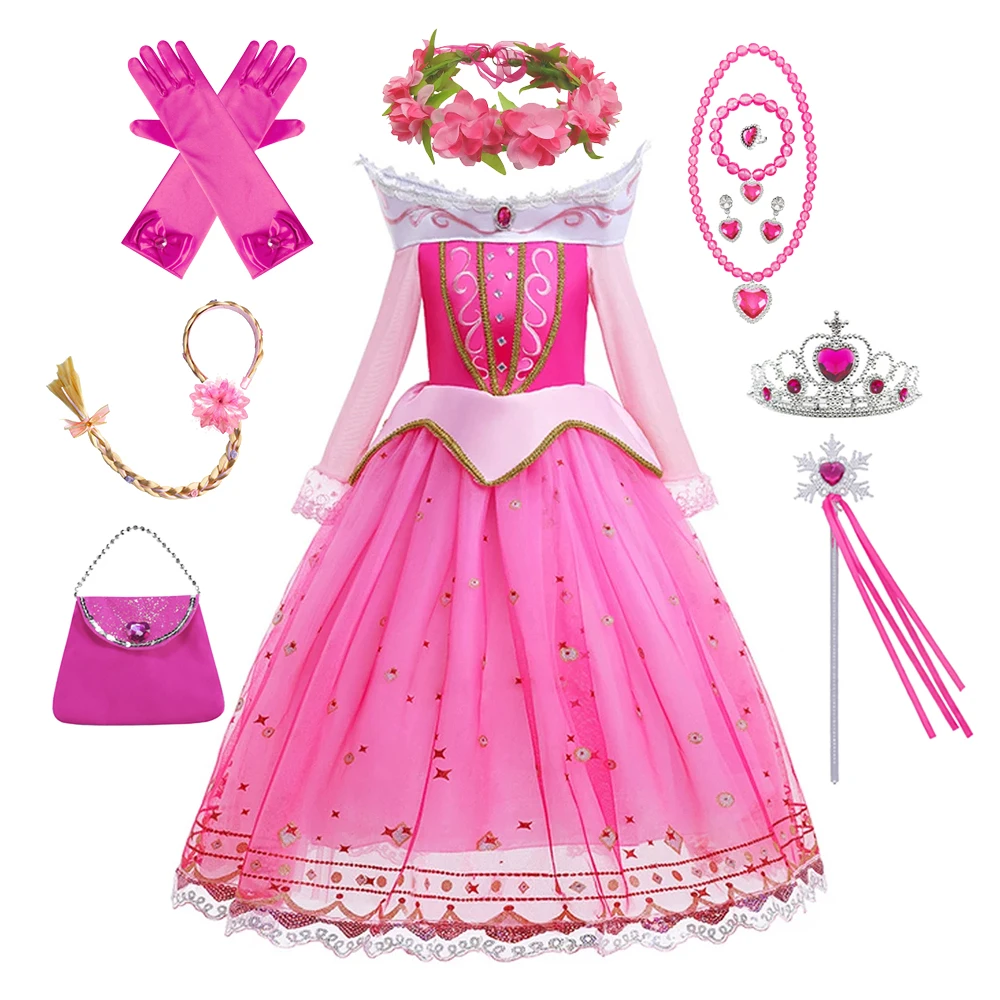 Kid Aurora Dress Sleeping Beauty Cosplay Princess Costume Girls Fancy Deluxe Prom Gown Christmas Clothes Halloween Party Vestido
