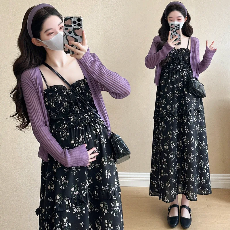 Ropa de verano para mujeres embarazadas con pequeños estampados florales, faldas con tirantes, camisas de manga larga, conjunto de dos piezas