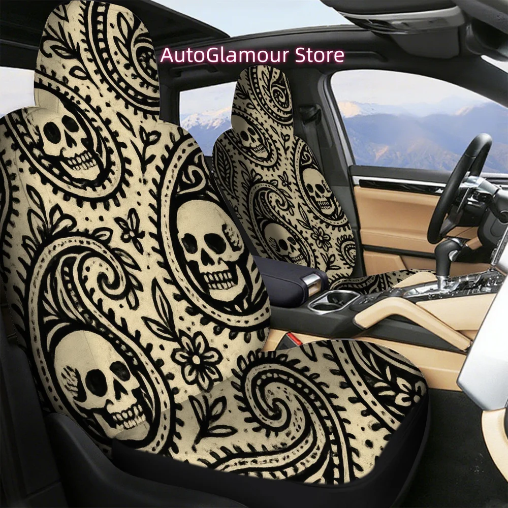 Stylish And Versatile Patterned Front Car Seat Covers, Suitable for Cars, Suvs, Sedans, Trucks, And Vans. Plesiga Skull Element