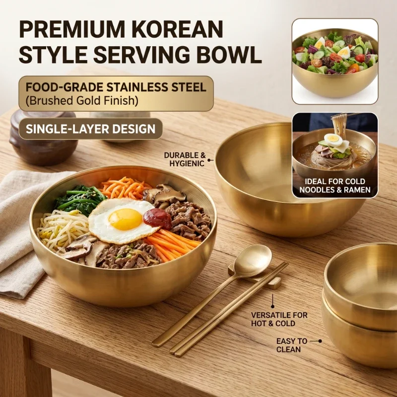 Stainless Steel Salad Bowl Korean Style Sanding Surface Mixing Bowl Round Large Bowl Cold Noodle Bowl for Home BBQ Restaurant