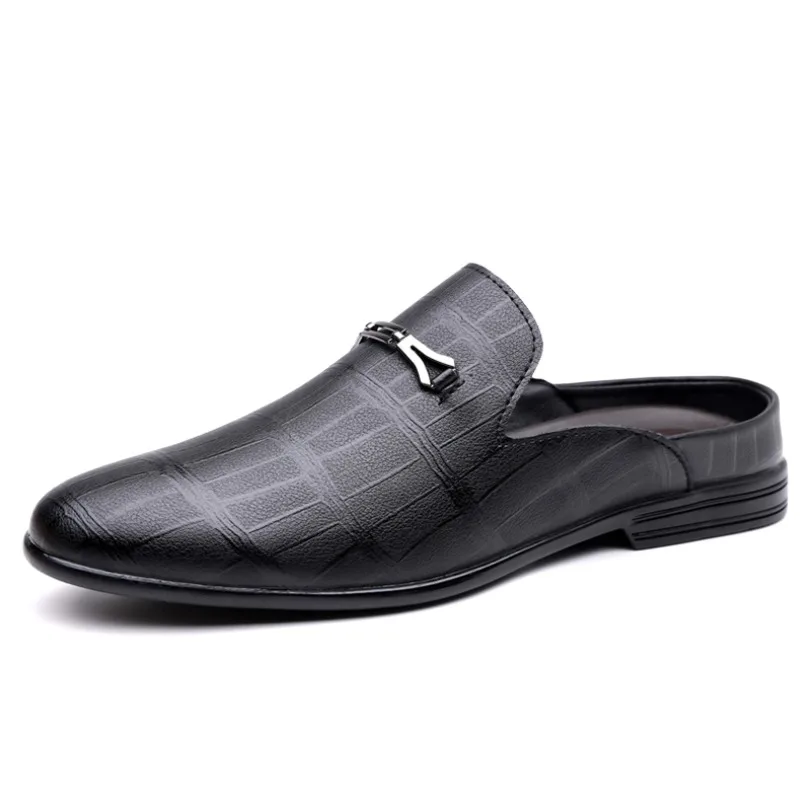 Men Slip‑on Mule Shoes Leather Upper Metal Ornament Formal Loafer Half Slipper Footwear For Daily Indoor Outdoor Use