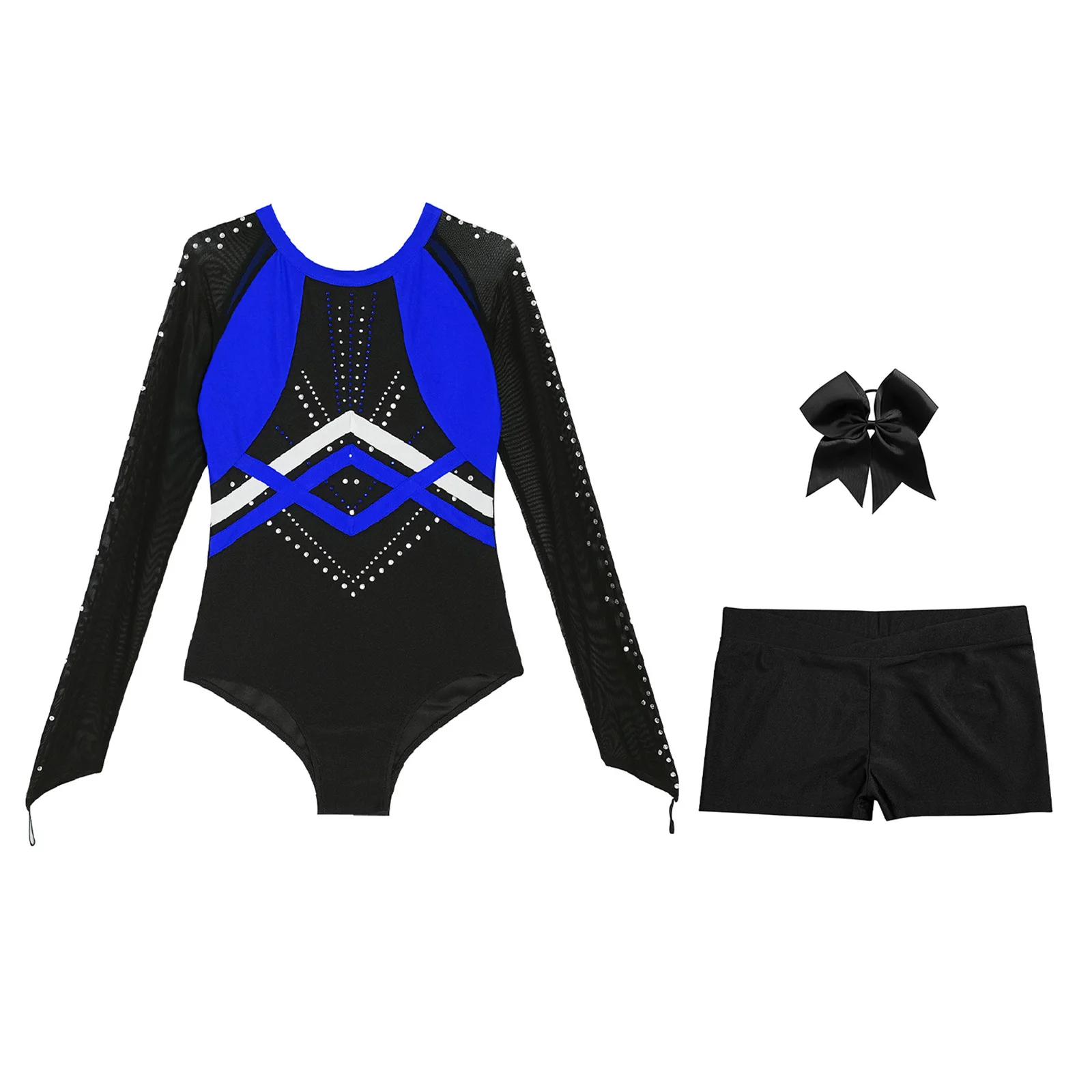 

Children Girls Gymnastics Outfit Long Sleeve Patchwork Shiny Rhinestones Jazz Leotard with V-front Waistband Shorts And Headwear