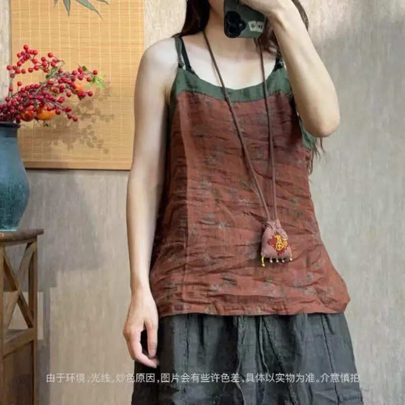 2026 Summer Arts Style Women Adjustable Sexy Spaghetti Strap Tank Top Vintage Print Ramie Camis High Quality Femme Tops F7671