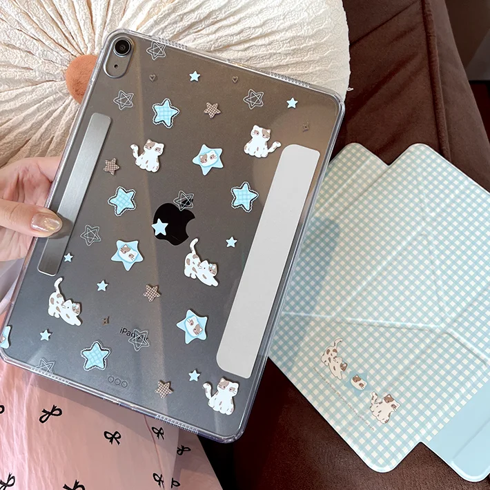 Blue Plaid Cat Magnetic Detachable Case Fits 2026 iPad Air/Pro/Mini & Huawei MatePad Air/Pro, Acrylic Shell + PU Cover, Y-Fold