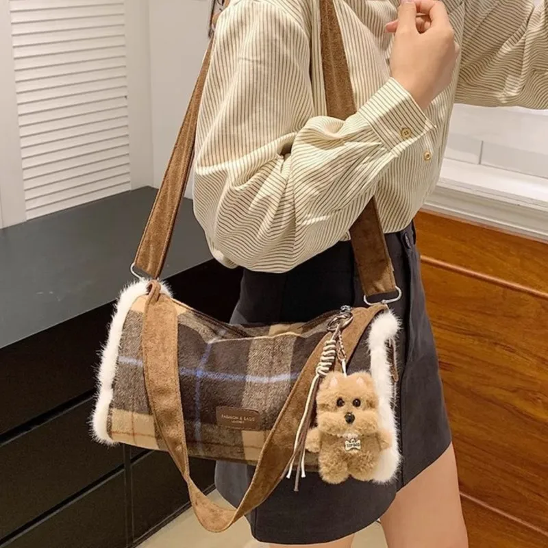 Retro Color Block Plaid Pillow Handbag Women Suede Large Capacity Shoulder Bags Ladies Plush High Quality Fabric Crossbody Bags