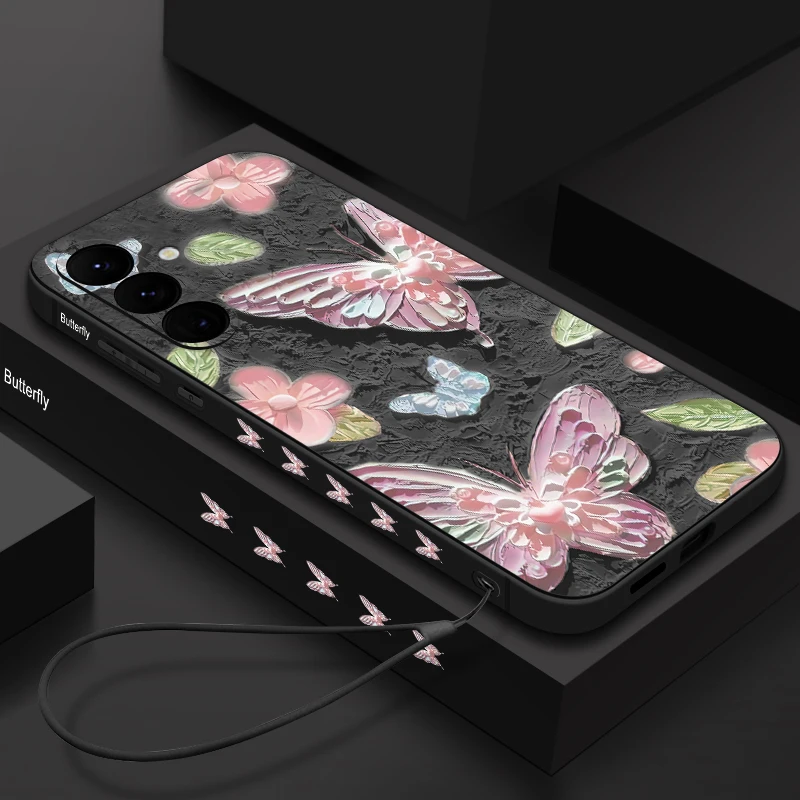 3D Emboss Butterfly Lanyard Case For Samsung Galaxy S24 S23 S25 Ultra S22 S21 S20 FE A15 A16 A26 A35 A36 A54 A55 A56 5G Cover